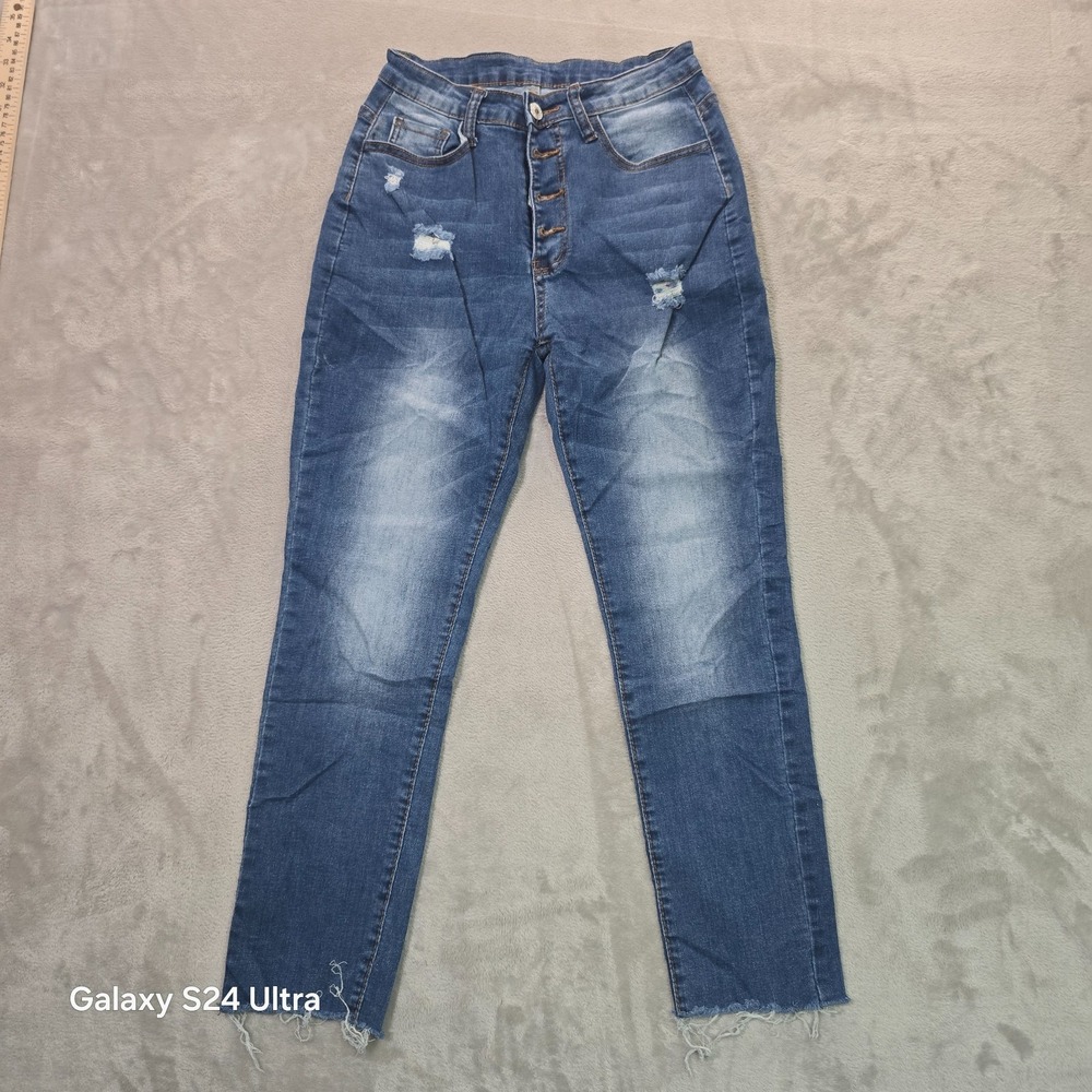 Kunmi Skinny Jeans Womens Small Blue Denim Distressed Stretch Raw Hem Streetwear
